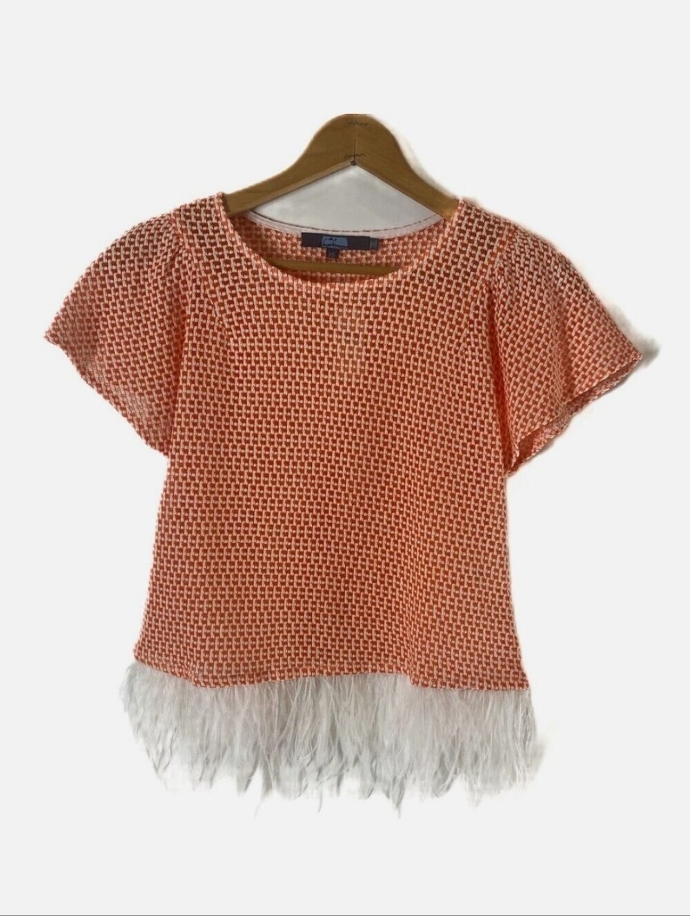Eva Franco Anthropologie Women’s Feathered Trim Orange Open Knit Shirt XS